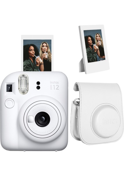 Instax Mini 12 Beyaz Fotoğraf Makinesi + Çerçeve ve Deri Kılıf Seti