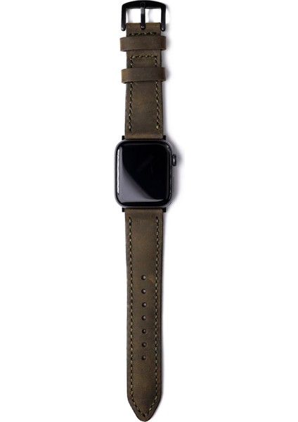Apple Watch Seri 9, 8, 7, Se, 6, 5, 4 ve Ultra Uyumlu Çift Katlı El Dikişi Zeytin Yeşil Deri Kordon