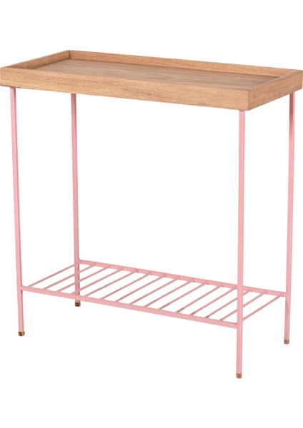 Edge Pembe Metal Ayaklı Masif Ahşap Yan Sehpa Saksılık