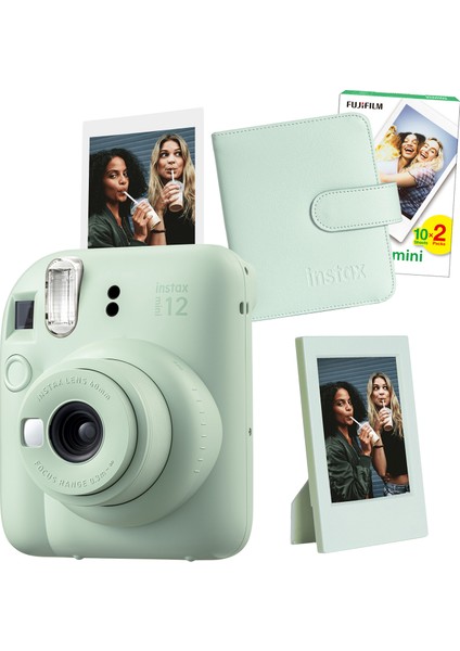 Instax Mini 12 Yeşil Fotoğraf Makinesi + 20'li Film Çerçeve ve Kare Albüm Seti