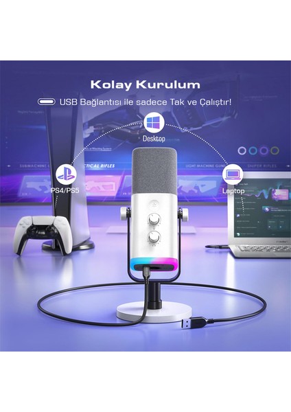 Am8 Usb/xlr Dinamik Rgb Beyaz Stüdyo Mikrofonu