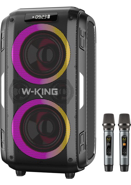 T9PRO Işıklı Karaoke Partybox Ipx5 Kablosuz Ses Bombası Siyah Çift Mikrofonlu Bluetooth Hoparlör