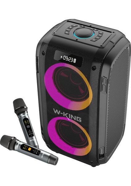 T9PRO Işıklı Karaoke Partybox Ipx5 Kablosuz Ses Bombası Siyah Çift Mikrofonlu Bluetooth Hoparlör