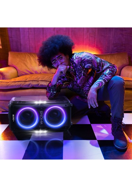 T9PRO Işıklı Karaoke Partybox Ipx5 Kablosuz Ses Bombası Siyah Çift Mikrofonlu Bluetooth Hoparlör