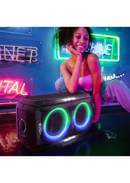 T9PRO Işıklı Karaoke Partybox Ipx5 Kablosuz Ses Bombası Siyah Çift Mikrofonlu Bluetooth Hoparlör