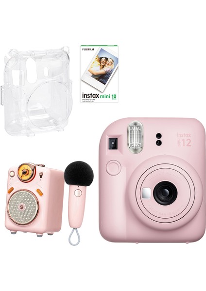 Instax Mini 12 Pembe Fotoğraf Makinesi + 10'lu Film Şeffaf Kılıf ve Divoom Fairy Ok Pembe Karaoke Mikrofonlu Fm Radyolu Bluetooth Hoparlör Seti