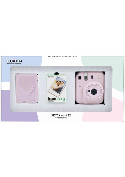 Instax Mini 12 Pembe Fotoğraf Makinesi + 10'lu Film ve 28'li Mini Albüm Bundle Box
