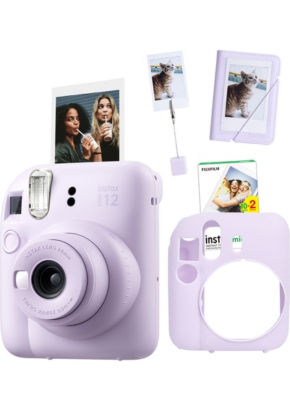 Instax Mini 12 Lila Fotoğraf Makinesi + 20'li Film Kıskaçlı Stand Mini Albüm ve Silikon Kılıf Seti