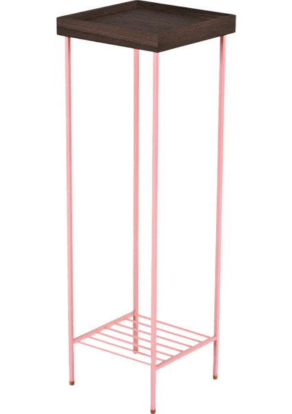 Edge Pembe Metal Ayaklı Masif Ahşap Uzun Yan Sehpa Saksılık