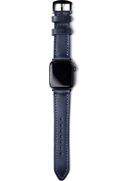 Apple Watch Seri 9, 8, 7, Se, 6, 5, 4 ve Ultra Uyumlu Çift Katlı El Dikişi Indigo Mavi Deri Kordon