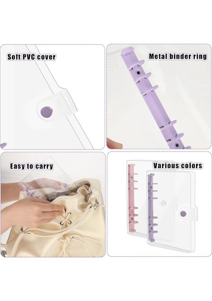 Paket A6 Yumuşak Pvc 6 Halkalı Klasör, Şeffaf Bütçe Yeniden Doldurulabilir Planlayıcı Halkalı Klasör Kapağı Çıtçıtlı Düğmeli (Yurt Dışından)