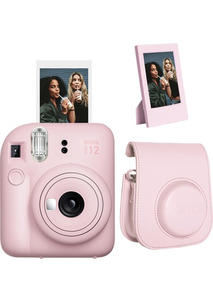 Instax Mini 12 Pembe Fotoğraf Makinesi + Çerçeve ve Deri Kılıf Seti