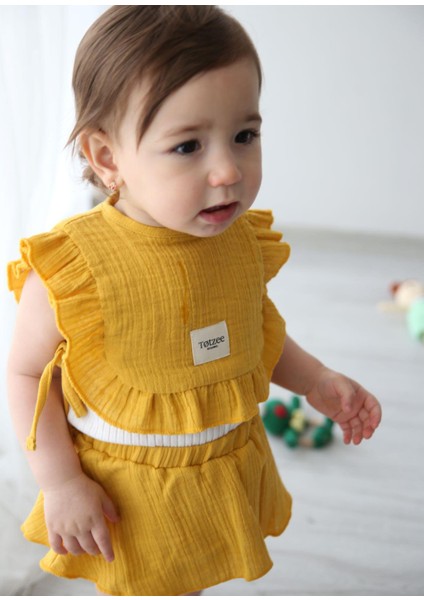 Hardal Müslin Fırfırlı Unisex Bebek Mama Önlüğü fiyatları