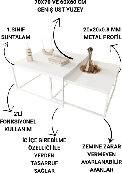 2’li Metal Iskeletli Beyaz Renk Orta Sehpa Servis Sehpası modelleri