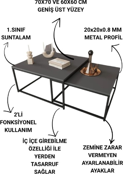 2’li Metal Iskeletli Antrasit Renk Orta Sehpa Servis Sehpası modelleri