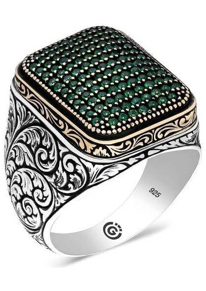 Gümüş Yeşil Zirkon Taşlı Kare Erkek Yüzük - 23