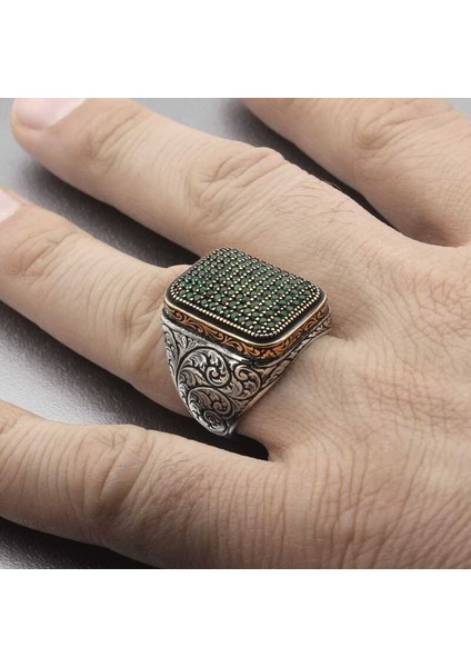 Gümüş Yeşil Zirkon Taşlı Kare Erkek Yüzük - 23 fiyatları
