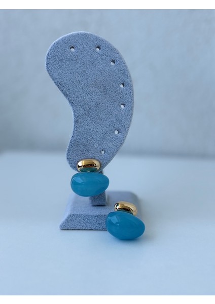 Gold Detaylı Mavi Oval Küpe