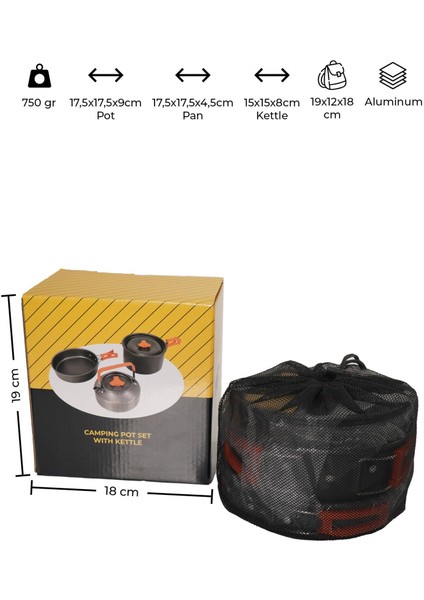 Vori 3 Parça Füme Kamp Tencere Tava Çaydanlık Seti