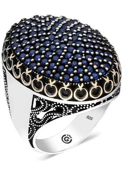 Gümüş Lacivert Zirkon Taşlı Oval Erkek Yüzük - 21