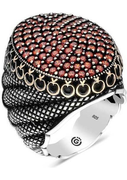 Gümüş Kırmızı Zirkon Taşlı Oval Erkek Yüzük - 30