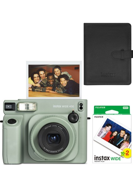 Instax Wide 400 Yeşil Fotoğraf Makinesi + 20'li Film ve Deri Albüm Hediye Seti