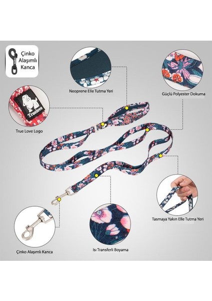 Mavi Neoprene Süngerli Çiçek Desenli Köpek Tasma Kayışı