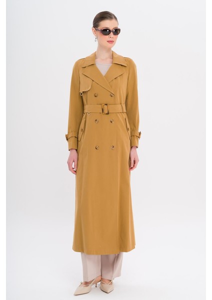 Kruvaze Leopar Desen Astarlı Su Itici Özellikli Uzun Trençkot Taba 6747