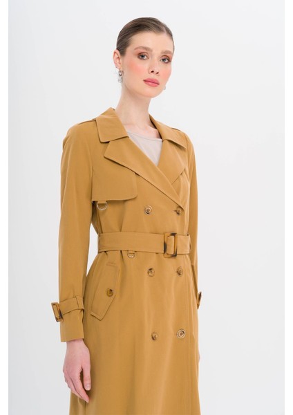 Kruvaze Leopar Desen Astarlı Su Itici Özellikli Uzun Trençkot Taba 6747 modelleri