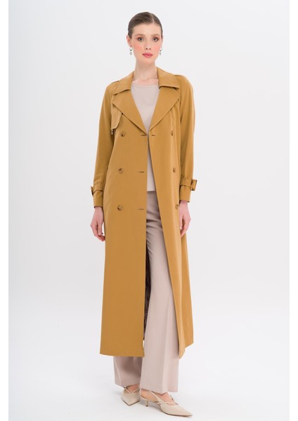 Kruvaze Leopar Desen Astarlı Su Itici Özellikli Uzun Trençkot Taba 6747 fırsatları