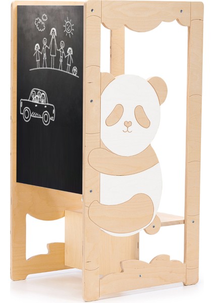 Naturel/beyaz Panda Figürlü Yükseklik Ayarlı Öğrenme Kulesi ve Aktivite Masası