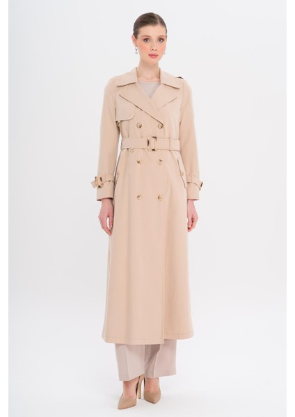 Kruvaze Leopar Desen Astarlı Su Itici Özellikli Uzun Trençkot Bej 6747