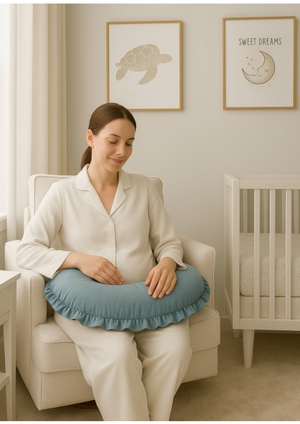 Teal Indigo Pamuklu Fırfırlı Bebek Emzirme Yastığı