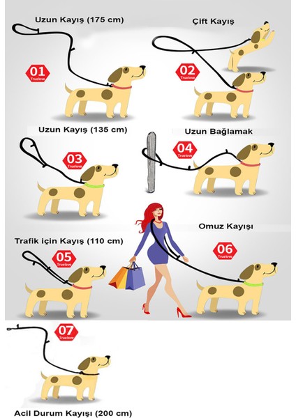 Turuncu 7 Modda Kullanılabilen Köpek Gezdirme Kayışı