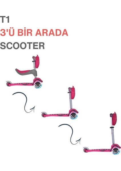 T1 Pembe Oturaklı ve Çantalı 3’ü 1 Arada Çocuk Scooter fiyatları