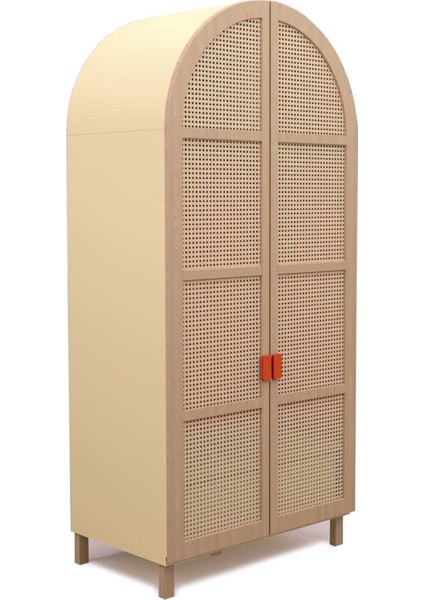 Culi Açık Sarı Rattan Görünümlü Ahşap 2 Kapaklı Gardırop