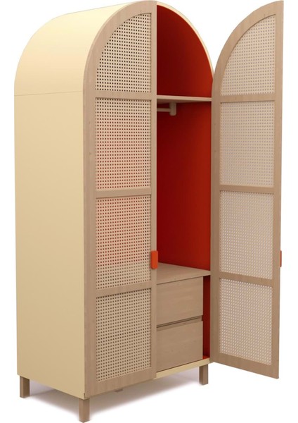 Culi Açık Sarı Rattan Görünümlü Ahşap 2 Kapaklı Gardırop