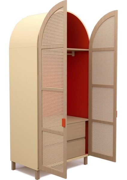 Culi Açık Sarı Rattan Görünümlü Ahşap 2 Kapaklı Gardırop