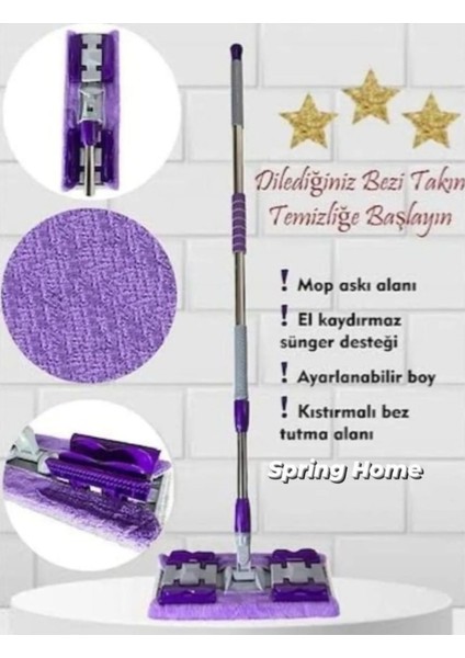 Mor Teleskopik Mandallı Mop ve Mikrofiber Yedek Bez Seti