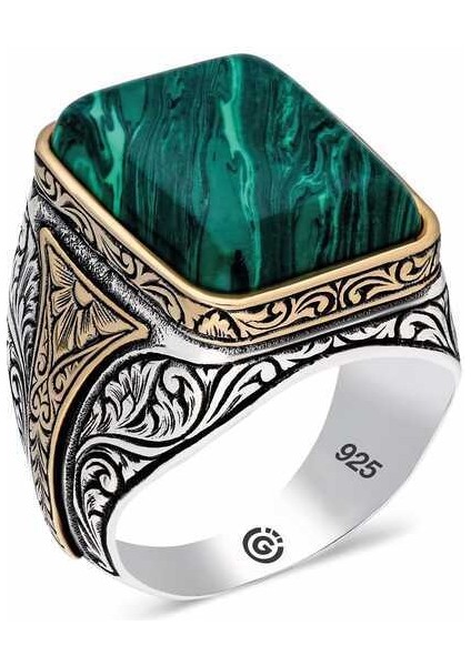 Gümüş Çizgili Malahit Taşlı Kare Erkek Yüzük