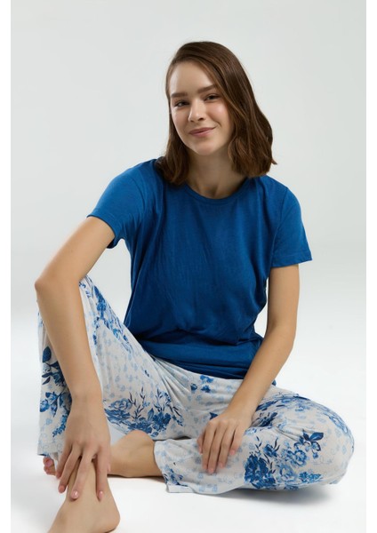 Kadın Saks Bisiklet Yaka Kısa Kol Desenli Pijama Takım