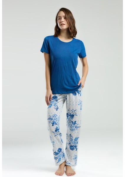 Kadın Saks Bisiklet Yaka Kısa Kol Desenli Pijama Takım fiyatları