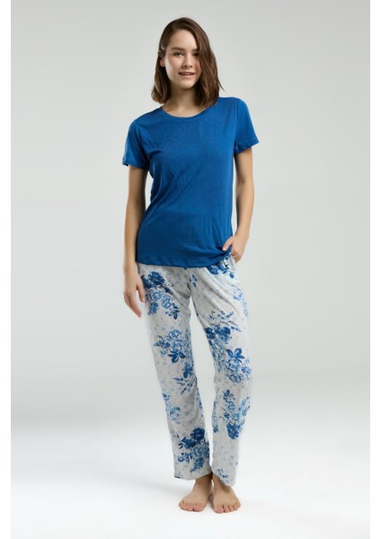 Kadın Saks Bisiklet Yaka Kısa Kol Desenli Pijama Takım modelleri