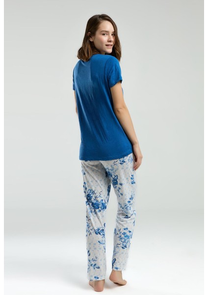 Kadın Saks Bisiklet Yaka Kısa Kol Desenli Pijama Takım indirimleri