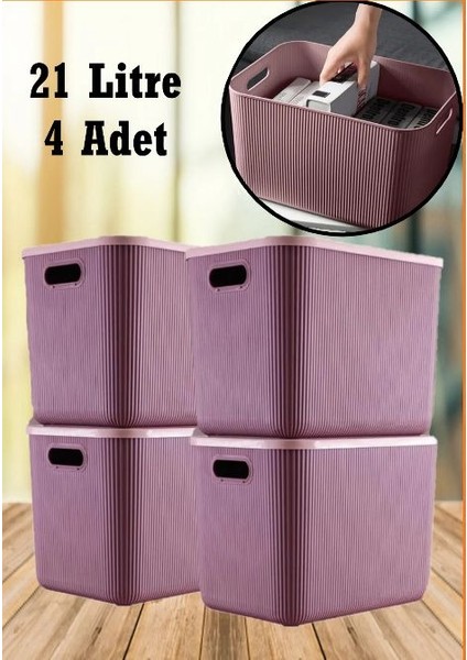 4 Adet 21 Lt Storage Mor Dolap Içi Düzenleyici Oyuncak ve Çamaşır Sepeti Elbise Saklama Kutusu