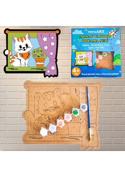 Ahşap Kedi Boyama Seti Yapboz Akrilik Boya Fırça Sanat Hobi Set Eğitici Boyama Oyuncak