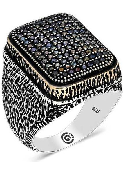 Gümüş Siyah Zirkon Taşlı Kare Erkek Yüzük - 26