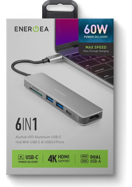 Aluhub Hd3 60W Type-C Pd Şarj Destekli 6in1 4K Hub Dönüştürücü indirimleri