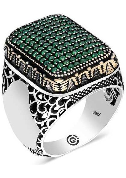 Gümüş Yeşil Zirkon Taşlı Kare Erkek Yüzük - 26