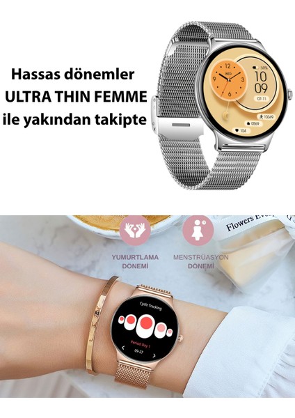 Ultra Thin Femme Akıllı Saat Yuvarlak Çelik Kasa Metal Kordon Gümüş modelleri